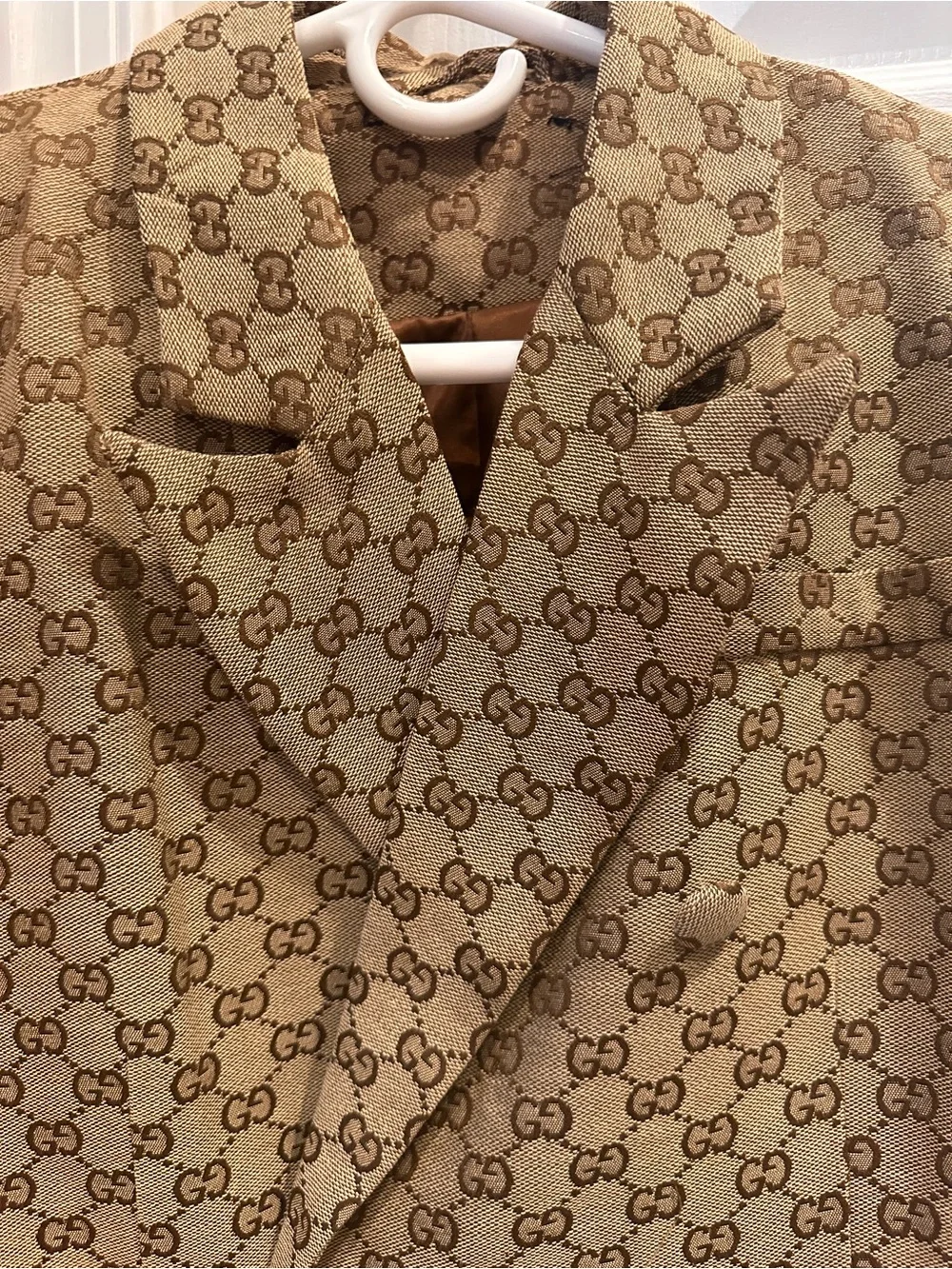 Beige  Monogram Print Double-Breasted Blazer